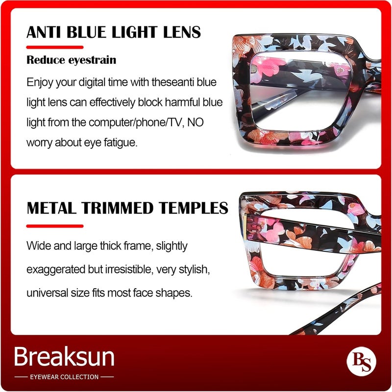 Breaksun Oversized Blue Light Glasses for Women Fashion Thick Square Computer Eyewear Non-Prescription Black Glasses (Flower) - Image 5